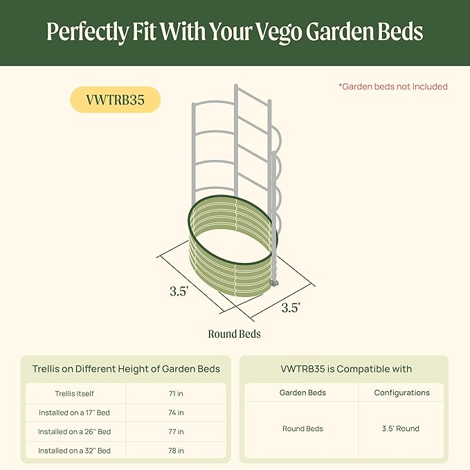 Vego Garden Modular Wall Trellis System Triple Section 3.5' Long for 3.5' Round Garden Beds (Garden Beds Not Included)