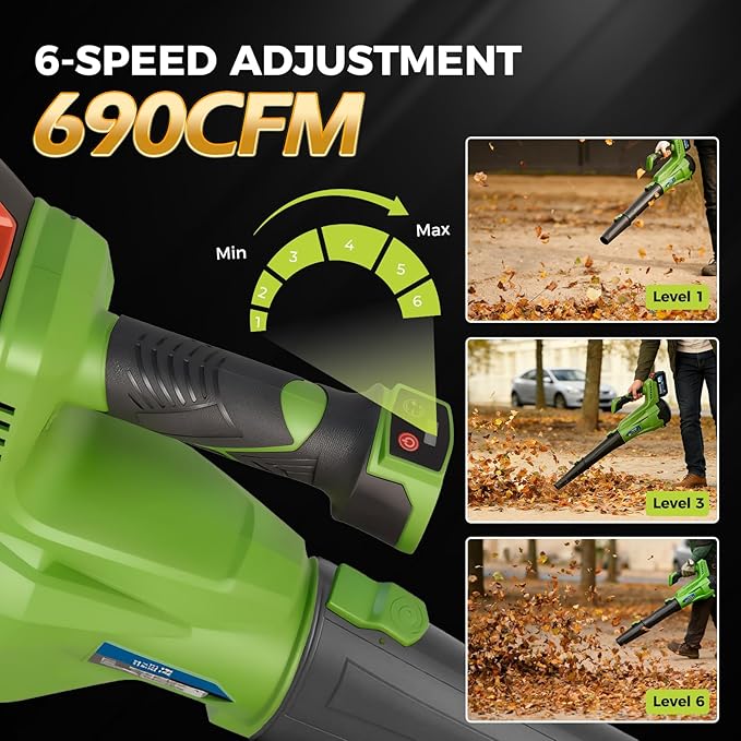 Electric Leaf Blower Cordless with Battery and Charger 690 CFM/190 MPH/28000 RPM Brushless Hand Held Blower with 6-Speed Modes Lightweight Blowers for Lawn Care Leaves Dust or Snow