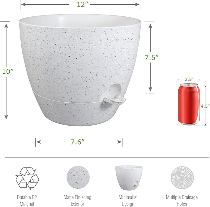 12 inch Large Self Watering Pots Plastic Planters with 60oZ Removable Deep Reservoir and Multi Mesh Drainage Holes for Indoor Outdoor Garden Plants and Flowers White Speckles