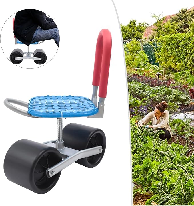 TsoLay Garden Cart Rolling Scooter 360°Rotating Gardening Seat On Wheels with Wider Larger Wheels Height-Adjustable and Foldable Backrest for Gardens Lawns Farms Garages Sheds