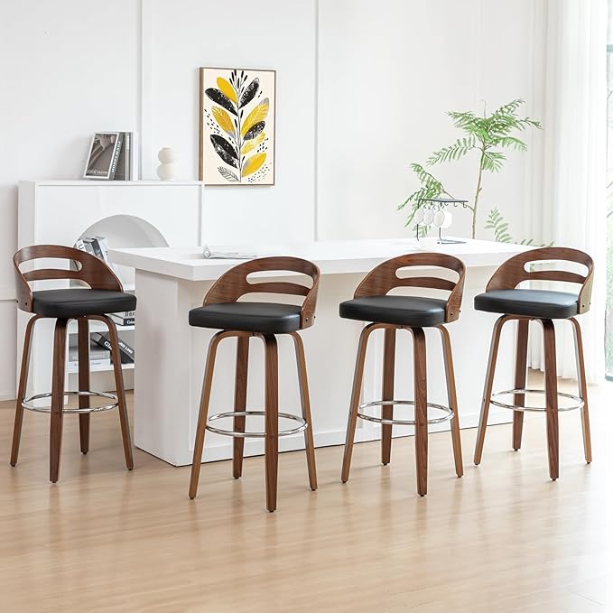 Counter Stools Set of 4 Counter Height Bar Stools with Walnut Crafts Bentwood Curved Back Upholstered Faux Leather Soft Cushion Seat Swivel Counter Chairs for Island/Pub (Black 26 Seat Height)