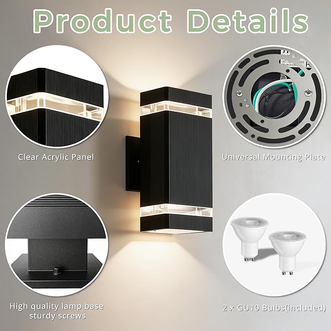 Square Outdoor Wall Lights Up and Down LED Porch Lights Aluminum Exterior Lighting Fixtures with 2 * 7W Bulbs 3000K Waterproof Outdoor Sconces Wall Lighting for House Porch Garage Patio Black