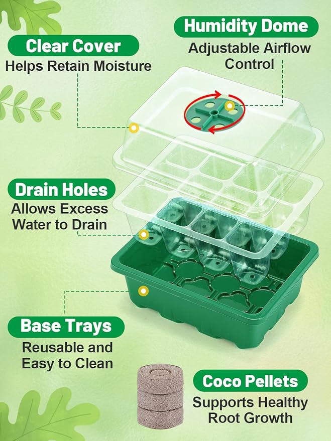 Apipi 5 Pack Seed Starter Kit with 60 Coco Coir Pellets - 60 Cell Seed Starter Trays with Domes for Indoor Greenhouse Germination Home Gardening System for Vegetables/Herbs/Flowers