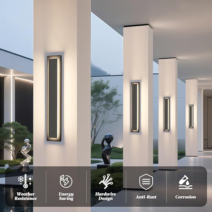 Modern Outdoor Wall Lights -𝟐𝟒 𝐈𝐍 Long Exterior Lighting FixturesBlack LED Outdoor Wall Sconce Use for HousePorchGarageFront Door PatioIP65 Waterproof3000K Warm White24W2 Packs