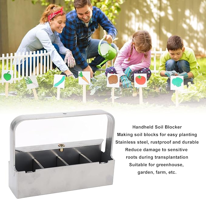 Manual Soil Block MakerSoil Blocker with Comfortable HandleSoil Block Maker with Handle 4 Cell Seed Blocker Stainless Steel Manual Seed Potting Blocking Tools