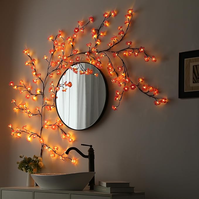 Cherry Blossom Lights with Remote 7.5 Ft 144 Flowers Enchanted Willow Vine Lights 18 Branches 144 LEDs Lighted Willow Vine Tree Lights for Walls Bedroom Home Room Decor Brown Branch