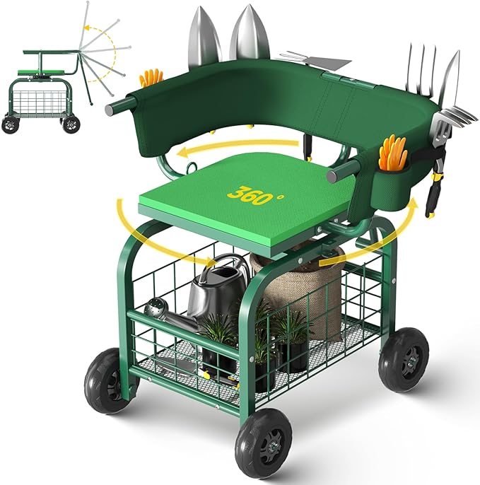 Suntee Garden Seat with Wheels Rolling Gardening Stool with 360° Swivel Seat &amp BackrestTool Storage Basket &amp Back Tool Pouch Adjustable Handle Outdoor Gardening Scooter Garden Cart for Se