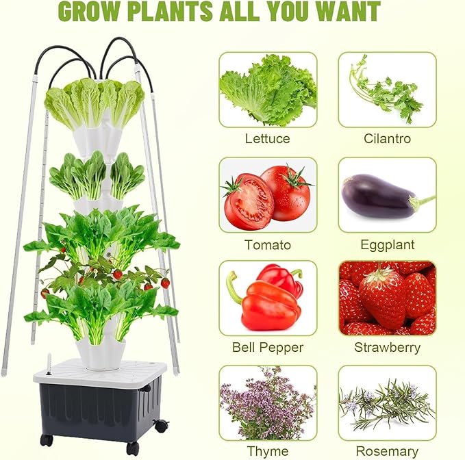 8 Tiers 40 Plant Hydroponic Growing Tower Indoor Garden Planter with LED Grow Light Vertical Smart Plants Germination Kit with Wheels and Timed Plug for Fruits Vegetables Herbs