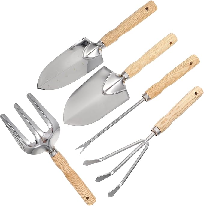 5pcs Garden Tool Set with Wooden Handle Shovel Rake and Fork for Soil Loosening and Weeding Stainless Steel Hand Tools for Outdoor Planting and Home Gardening