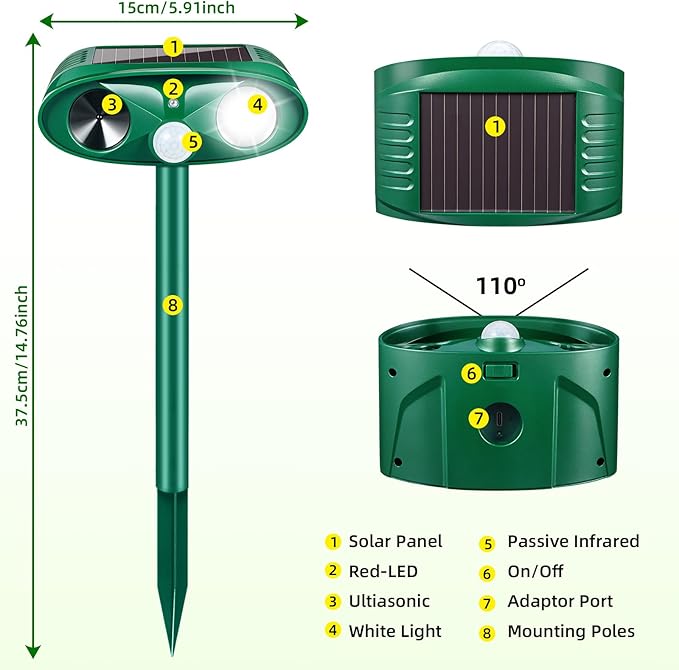 Upgraded Cat Deer Repellent Devices Solar Ultrasonic Animal Repeller Outdoor with Motion Sensor &amp Flashing Light Animal Deterrent Devices for Squirrel Raccoon Dog Rabbit Skunk for Yard Garden 2