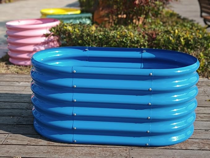 A ANLEOLIFE Kids Mini Raised Garden Beds Outdoor (3-Pack)-40x24x18in Oval Round Galvanized Metal Planter Box for Planting Vegetables Flowers Fruits Eco-Safe &amp Easy Setup Sky Blue