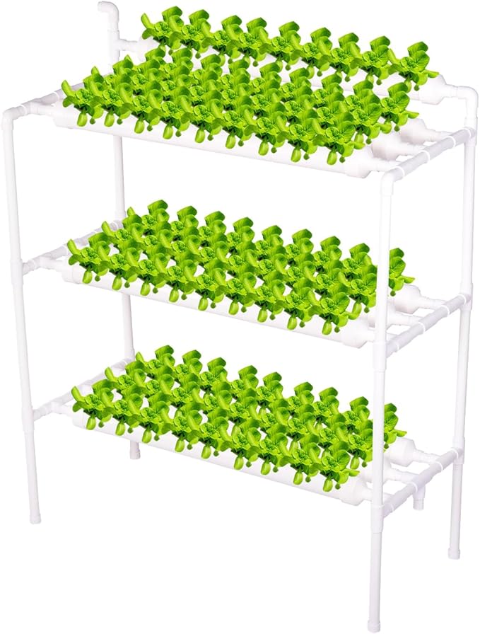Upgraded Hydroponics Growing System Kit 90 Plant Sites 3 Layer 10 Food-Grade PVC-U Pipes with Water Pump Timer Nest Basket and Sponge Hydroponic Planting System for Leafy Vegetables