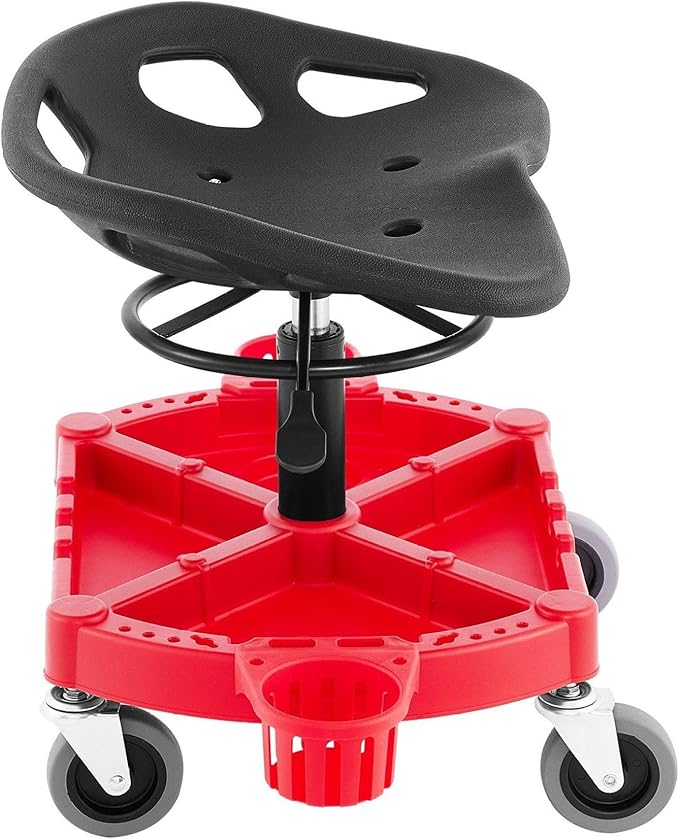 Rolling Garage Stool 300Lbs Capacity Adjustable Height 18-23In 360° Swivel Wheels 4 Large Tool Tray with Two Bottle Holders for Workshop Auto Repair Shop Red