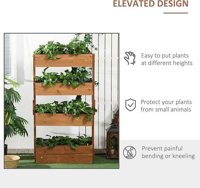 Vertical Garden Planter Wooden 4 Tier Planter Box Self Draining with Non Woven Fabric for Outdoor Flowers Vegetables and Herbs Orange