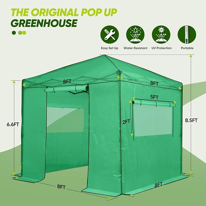 EAGLE PEAK 8x8 Portable Walk in Greenhouse Pop Up Indoor Outdoor Greenhouse Green House Kit with Zippered Roll-Up Doors and Windows PE Cover Clear/Green