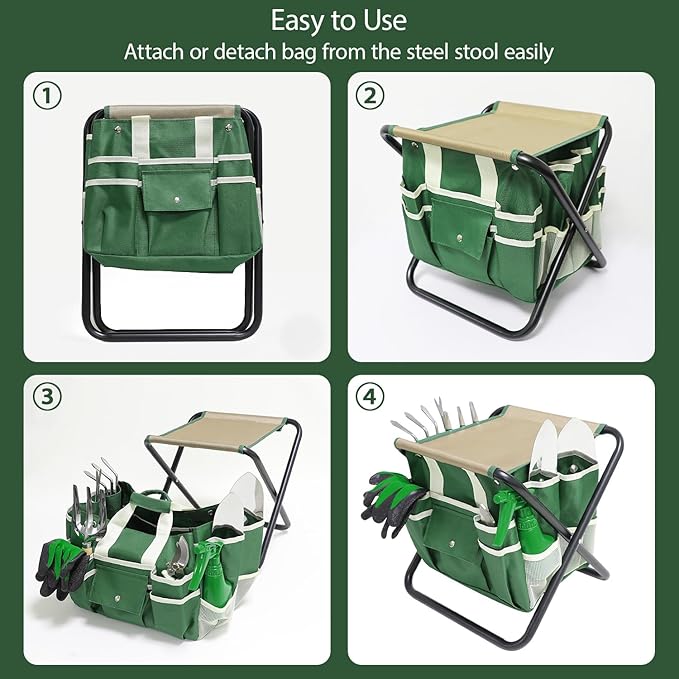 Garden Tool Set 10 Piece Kit with Heavy Duty Folding Stool Detachable Storage Tote Bag Stainless Steel Tools Gifts for Women Men Green