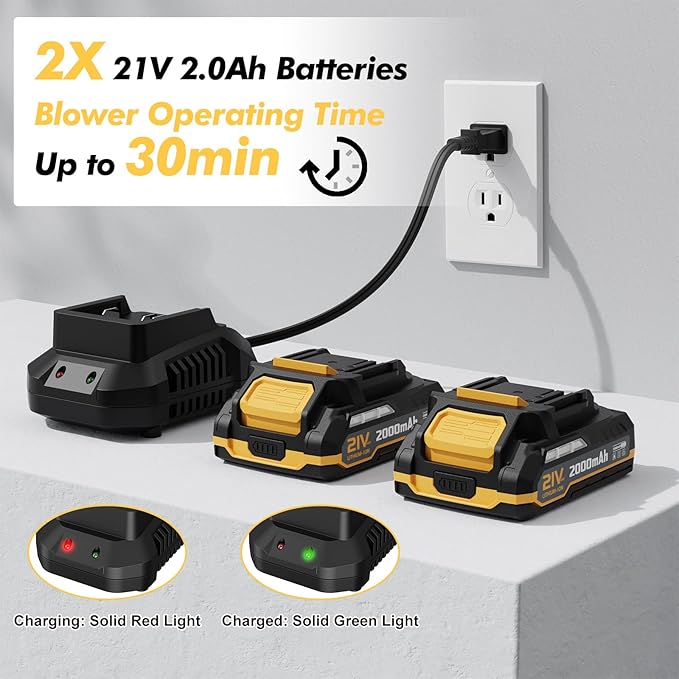 Leaf Blower Cordless with 2 Batteries and Charger 21V Electric Leaf Blower with 2 Speed Modes 2.0Ah Lightweight Battery Powered Blowers for Lawn Care Patio Blowing Leaves