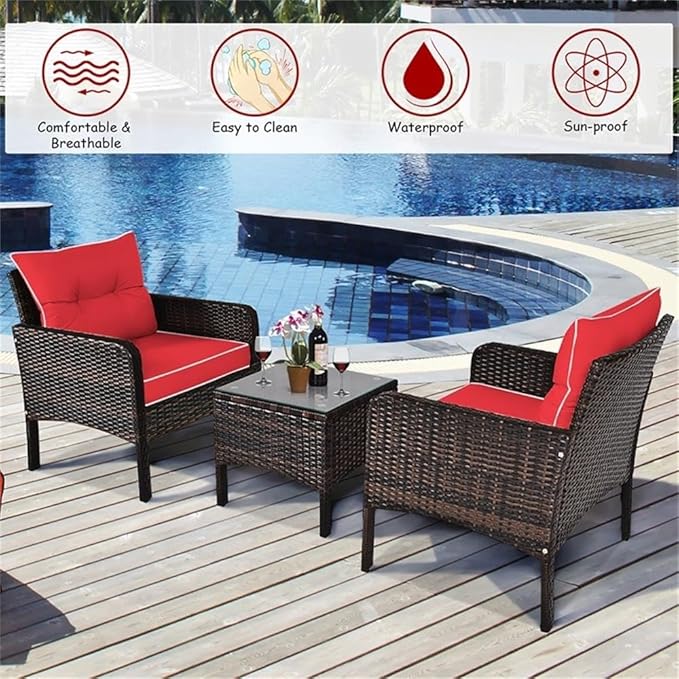 Pemberly Row 3-Piece 26'' Rattan Conversation Set Outdoor Seating Ensemble Built for Casual Comfort and Interaction Red