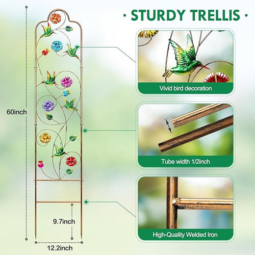 2 Pack Garden Trellis for Climbing Plants Outdoor Metal Arch Trellis for Climbing Vines Plants Support 60'' H x 11'' W Hummingbird