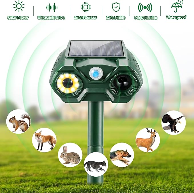 4 Pcs Solar Animal Repellert Outdoor Supplement USB Rechargeable Cat Repeller Outdoor Squirrel Rabbit Fox Adjustable Frequency Deer Repellent Devices with Light and Motion Detection