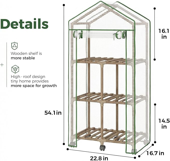 Bamworld 23 x 17 x 54-Inch Mini Greenhouses with Wheels Portable Green House with PE Cover Sturdy Eucalyptus Wood Frame Small Greenhouse for Winter Plant Frost Protection with Sturdy Eucalyptus Frame