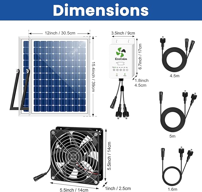 Solar Exhaust Fan for Greenhouse with Battery and Adjustable Thermostat Solar Powered Fan with 2PCS 20W Bifacial Solar Panel &amp Triple 5.5 Fans Kits