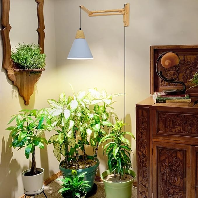 HMVPL Hanging Plant Light for Indoor Growing Full Spectrum Grow Lights for Indoor Plants with 20W COB Grow Light Bulb Wall Mounted Plant Light with Swing Arm 4/8/12H Timer for Large Small Plant