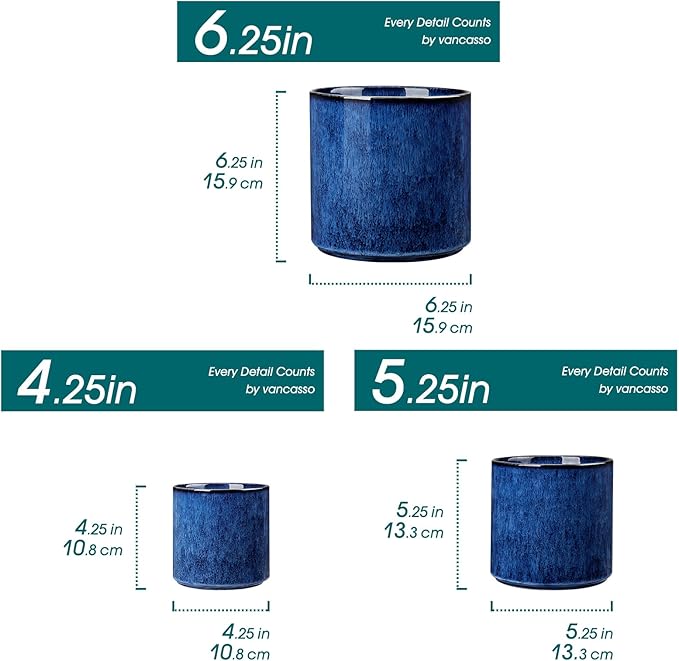 vancasso Ceramic Plant Pots 4.25+5.25+6.25 Inch Planter Pot with Drainage Hole Flower Pots for Indoor Outdoor Plants Set of 3 Blue