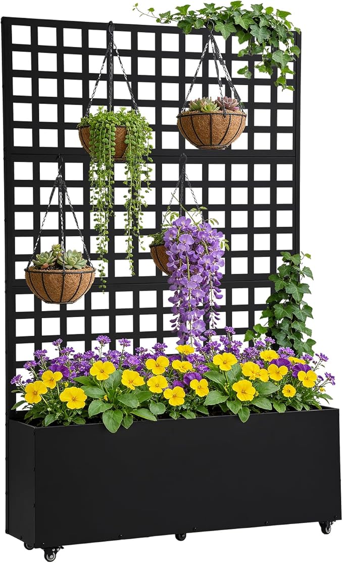 LVUYOYO Metal Raised Garden Bed Planter Box with Trellis &amp Wheels Outdoor Patio Garden Beds Flower Box with Privacy Screen &amp Drainage Holes for Climbing PlantsVegetables Vines