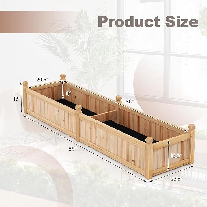 Giantex Wood Raised Garden Bed Planting Bed with Corner Drainage Non-Woven Liner for Growing Vegetables Flowers Herbs Fruits 89”x23.5”x16” Divisible Planter Box for Backyard Garden Lawn