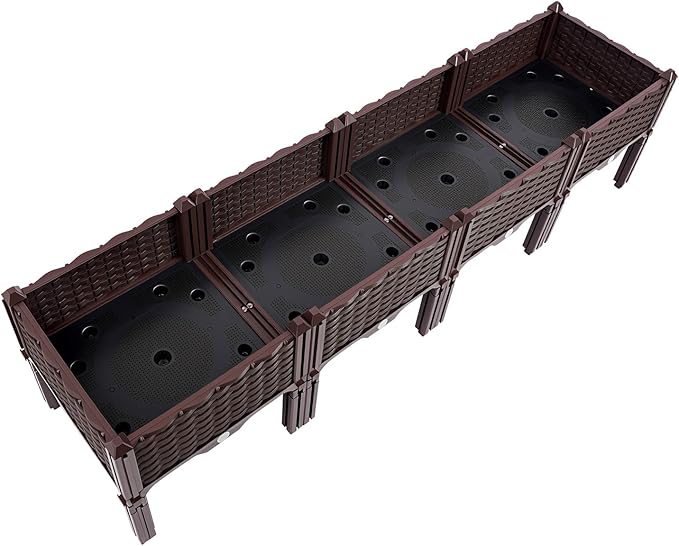 4PCS Planter Raised Beds with Legs 16×13×4in Rectangular Elevated Planter Box with Floor Standing Brown Planter Beds for Backyard Patio Balcony