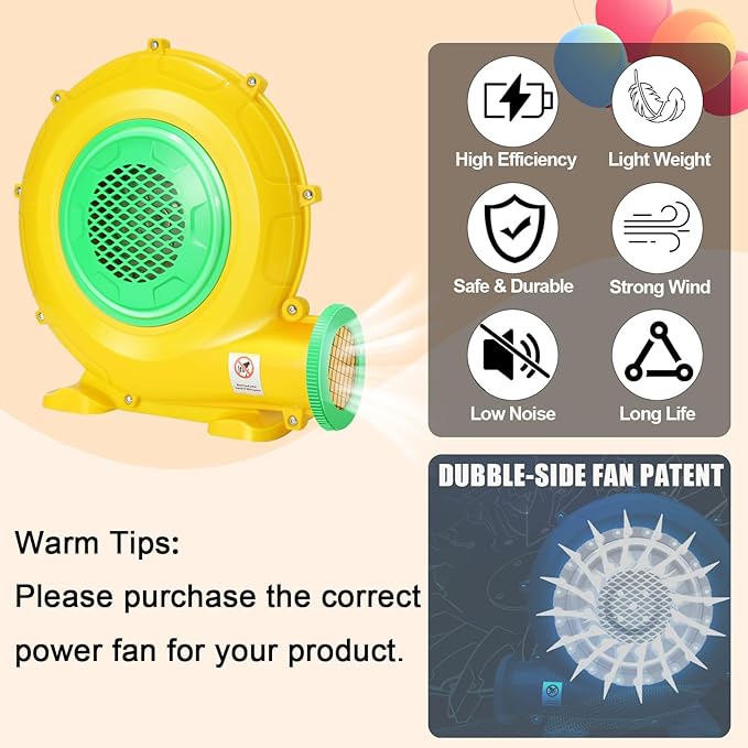 Bounce House Blower 370W/0.5HP Commercial Air Blower with Double-Sided Fan Blade Design Strong Wind and Great Heat Dissipation Properties for Bouncy Castle Jump Slides Arch Inflatables