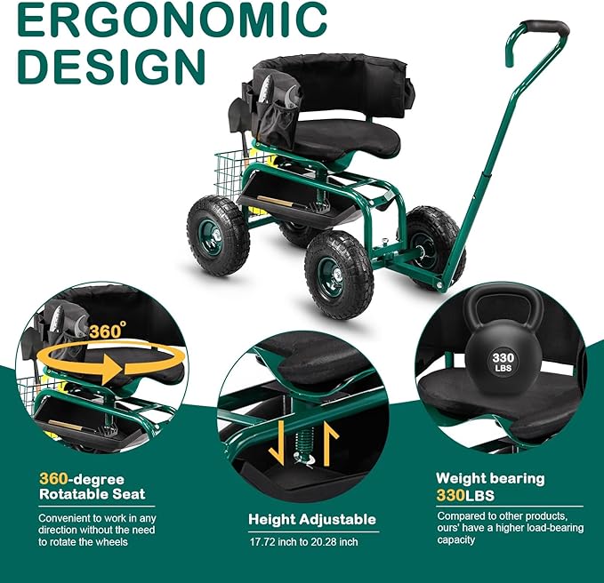 Rolling Garden Work Seat with Wheels Gardening Stool for Planting 360 Degree Swivel Seat Garden Scooter with Steering Handle &amp Tool Tray. (Garden Seat with Backrest)