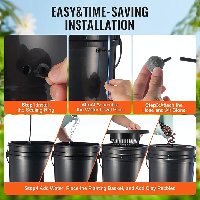 VEVOR DWC Hydroponics Grow System Hydroponic Growing System with Top Drip Kit Deep Water Culture 5-Gallon 2 Buckets with Air Pump Air Stones and Water Level Device for Leafy Vegetables