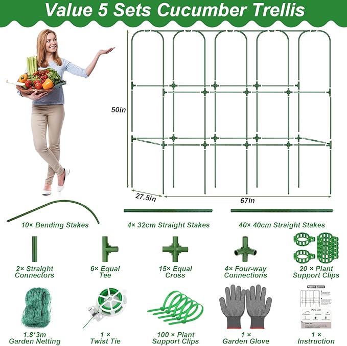 67 x 50 Cucumber Trellis for Raised Bed U-Shape Metal Large Garden Trellis for Climbing Plants Outdoors with Netting Garden Tools Cucumber Arch Trellis for Vegetable Fruit Flower Plant Support
