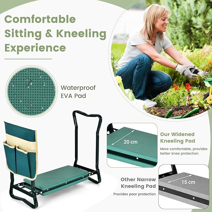 TANGZON Foldable Garden Kneeler and Seat 2-In-1 Gardening Stool with Thickened EVA Foam Pad Detachable Tool Pouch &amp Handles Portable Gardener Bench for Seniors (1 Green+Beige Tool Pouch)