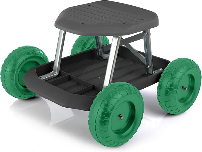 Pure Garden Rolling Garden Seat with Storage 200 lb Capacity Smooth Wheels Black and Green