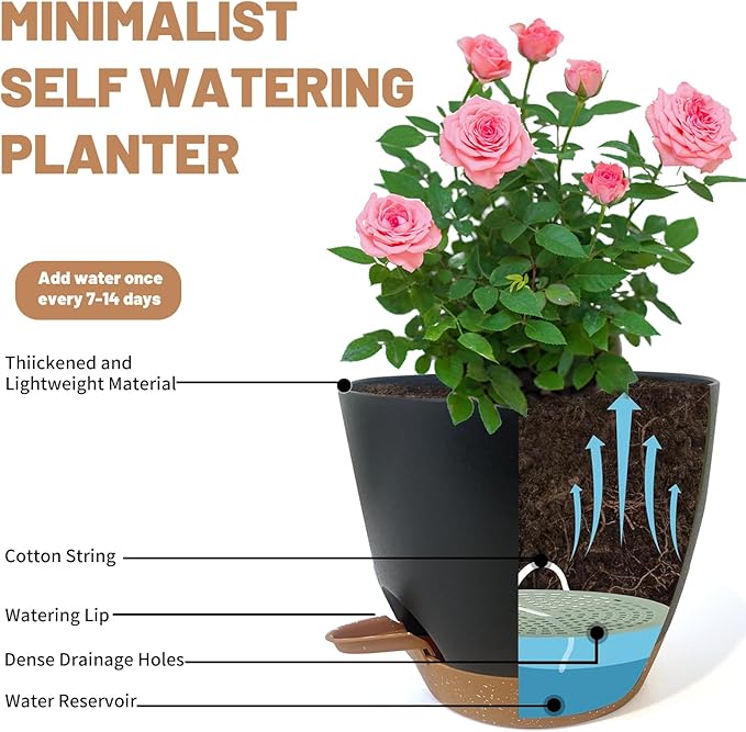 LIFFY Plant Pots 87.576.565.55 Inch Plastic Self Watering Planters with Drainage Holes &amp Saucers 7-Pack Black Nursery Planting Pot with Deep Reservoir for Indoor Outdoor Plants