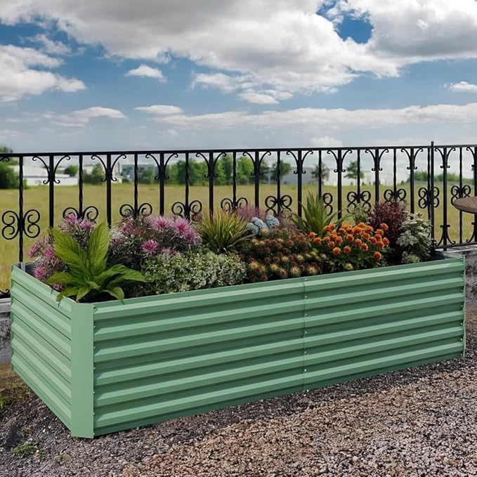 IDEAHOUSE 1-Pc Outdoor Metal Raised Garden Bed Deep Root Planter Box w/ 350 Gallon Capacity for Vegetables Herbs Flowers Succulents Green