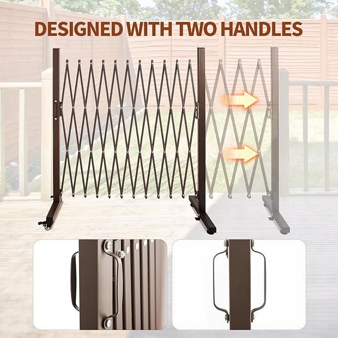 TECSPACE Aluminum Expandable Garden Fence Portable Barricade Gate with Casters Adjustable Retractable Fence Mobile Barricade Safety Barrier (Brown 130×15×41 inch)
