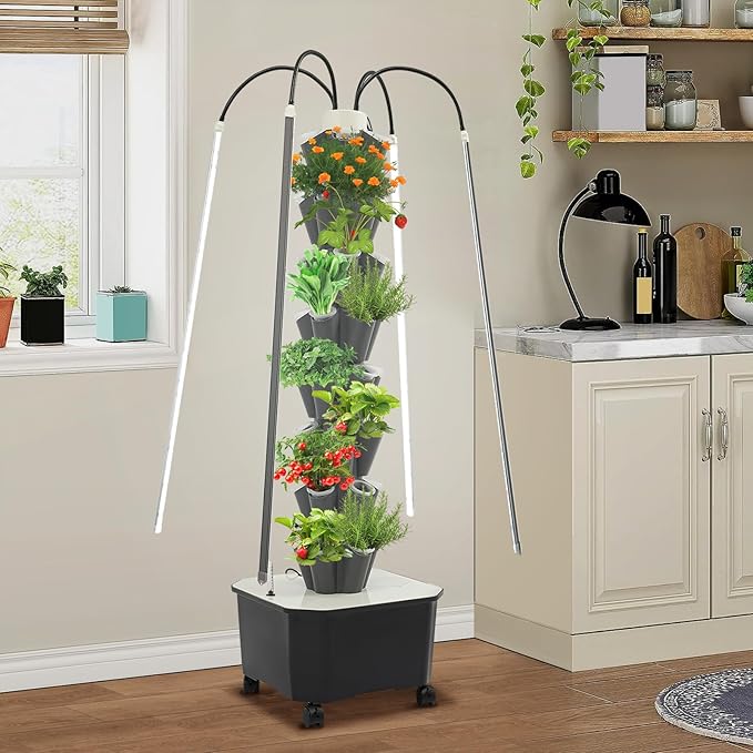 Hydroponic Growing System Tower 80W 40 Plants 8-Layer Hydroponic Tower with LED Light Vertical Hydroponics Garden Tower for Herbs Vegetables Fruits with Pump &amp Water Level Gauge (Grey)