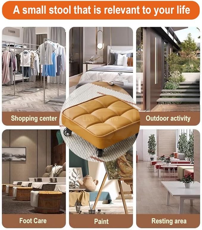 Low Rolling Stool Upgrade Widen Roller Seat 360 Bearing Wheels Soft PU Leather Short Rooling Stools for Home Garden Office (Gray1 One Size) (Orange One Size)