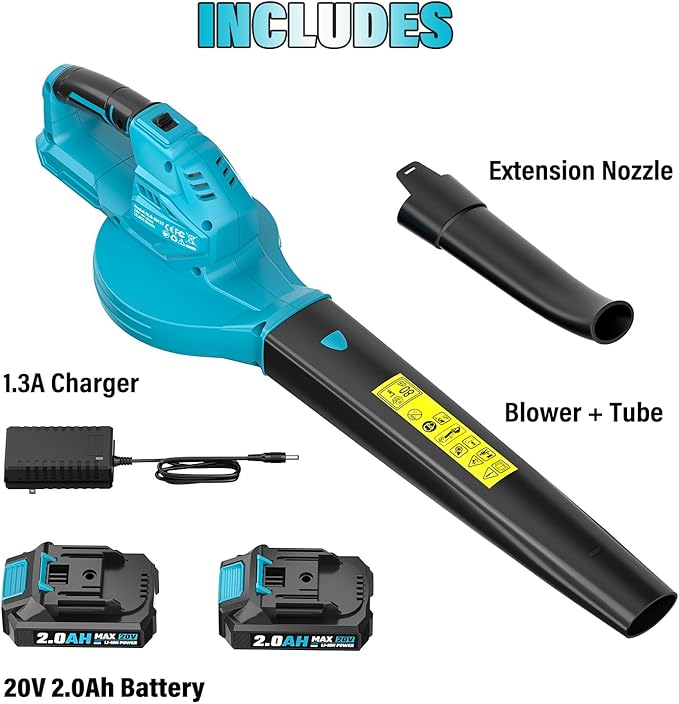 SEYVUM Leaf Blower 20V Cordless Blower with 2 x 2.0Ah Battery Electric Leaf Blowers for Lawn Care 350 CFM 150 MPH Battery Powered Leaf Blower for Patio Garden Cleaning Fast Charger Blue