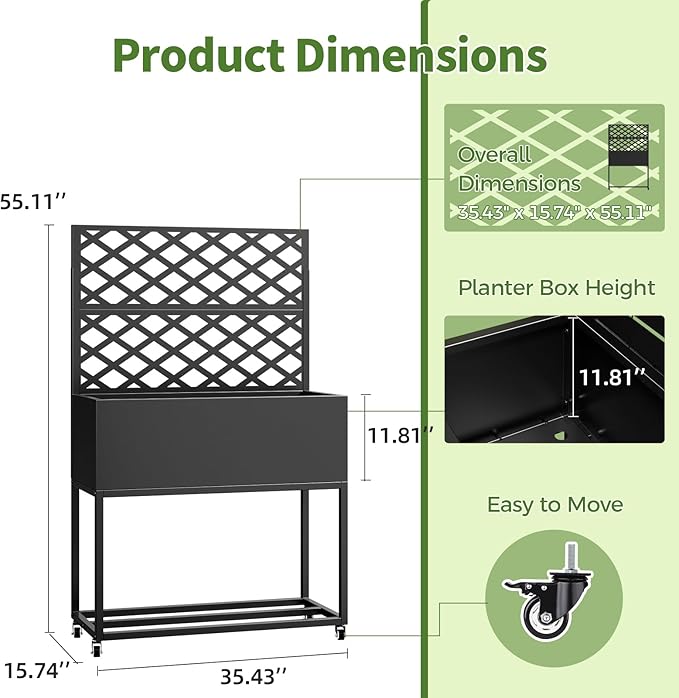 Metal Planter Box with Trellis55 H x35 W Raised Garden Beds with Privacy Screen for Climbing Plants Flower Elevated Standing Planter Garden Bed with Drainage Holes for Outdoor PatioBlack