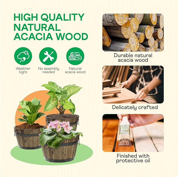 Idzo Set of 3 Wooden Flower Planters for Outdoor Plants Acacia Wood Barrel Planters Ergonomic Handles Drainage Holes Various Sizes Walnut