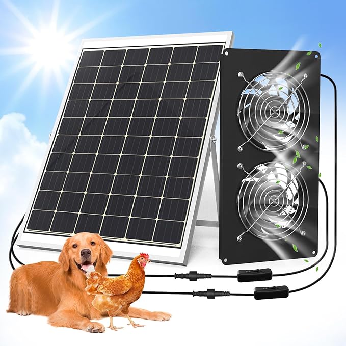 Chicken Coop Solar Powered Dual Metal Shell Fan Kit 20W Solar Exhaust Fan IPX7 Monocrystalline Solar Panel Ventilation Air Cooling Fans for Chicken Coops Greenhouses Sheds Dog Houses Plug &amp Pl