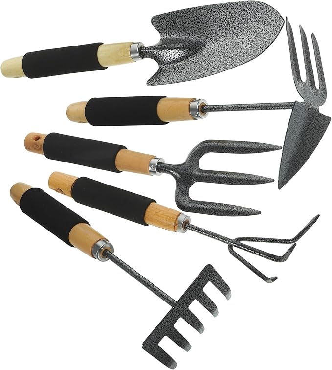 Veemoon 5pcs Gardening Tool Set with Garden Shovel 5-Prong Rake Hand Hoe and Fork for Planting and Weeding Sturdy Steel Construction Suitable for Home and Outdoor Garden Use