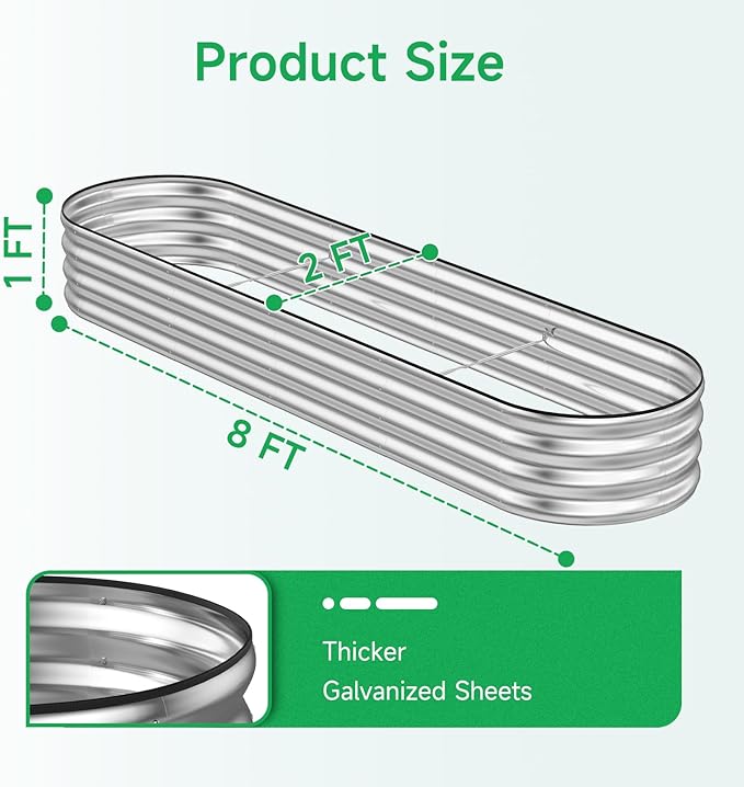 GreatBuddy Galvanized Raised Garden Bed 8×2×1ft Easy Assembly Outdoor Metal Planter Boxes for Vegetables Flower Herb Anti-Rust&amp Weather-Resistant Oval Silver