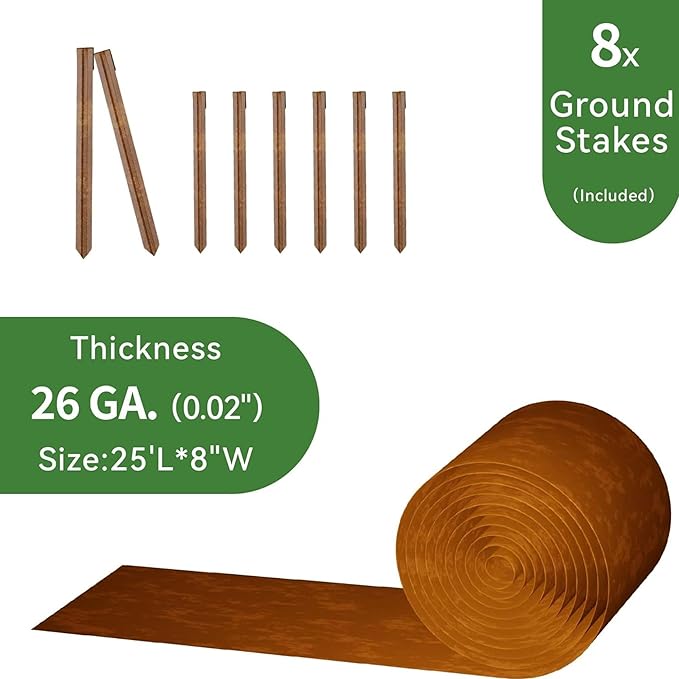 Worth Galvanized Steel Landscape Edging Roll Flexible Metal Garden Border Fence with 8 Stakes for Lawn Flower Bed Yard 8 Inch x 25 Foot Rust