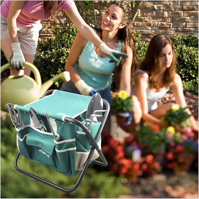 Garden Tools Sets- Heavy Duty Gardening Gift Tool Kit Including Folding Stool with Tool Bag 5 Sturdy Stainless Steel Tools(Gardening Trowel Trans-Planter Weeder &amp Rake) for Women Men